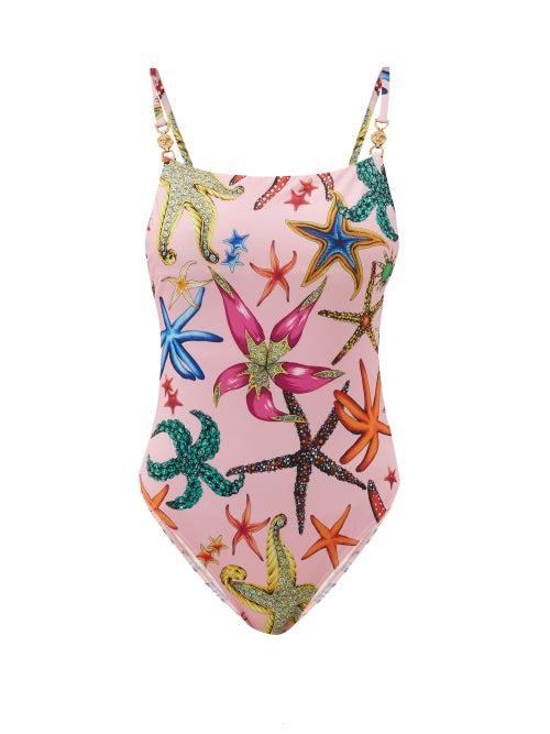 Matchesfashion.com Versace - Trsor De La Mer-print Medusa-plaque Swimsuit - Womens - Orange Multi
