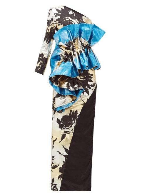Matchesfashion.com Germanier - Ruffled Floral Jacquard Gown - Womens - Blue Multi