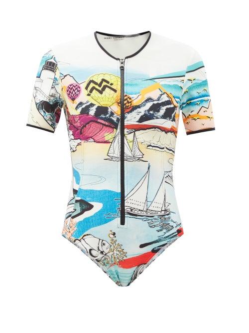 Ladies Beachwear Mary Mare - Lago Di Garda Scenic-print Short-sleeved Swimsuit - Womens - Blue Multi