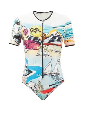 Ladies Beachwear Mary Mare - Lago Di Garda Scenic-print Short-sleeved Swimsuit - Womens - Blue Multi