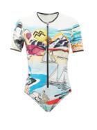 Ladies Beachwear Mary Mare - Lago Di Garda Scenic-print Short-sleeved Swimsuit - Womens - Blue Multi