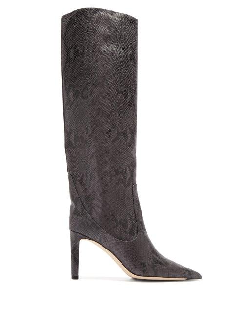 Matchesfashion.com Jimmy Choo - Mavis 85 Python-effect Leather Knee-high Boots - Womens - Dark Grey