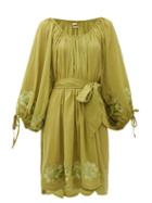 Matchesfashion.com Innika Choo - Frida Burds Floral-embroidered Cotton-voile Dress - Womens - Green