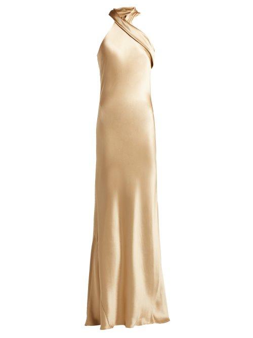 Matchesfashion.com Galvan - Pandora Silk Satin Halterneck Gown - Womens - Gold