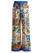 Matchesfashion.com Dolce & Gabbana - Majolica And Floral Print Silk Twill Trousers - Womens - Blue Multi