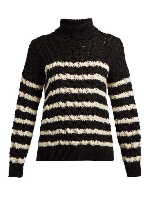 Matchesfashion.com Loewe - Striped Cable Knit Roll Neck Wool Sweater - Womens - Black White