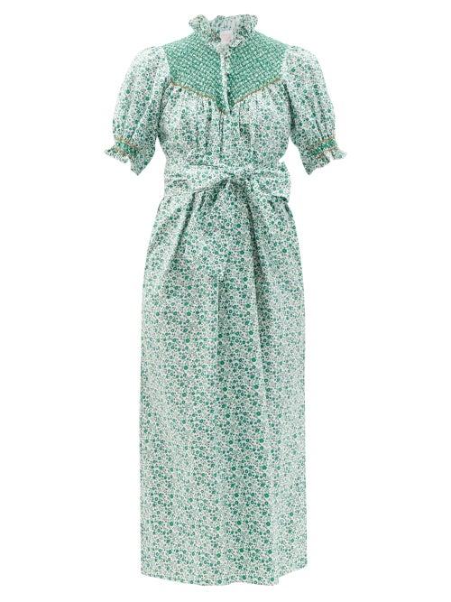 Ladies Beachwear Loretta Caponi - Elena Smocked Floral-print Cotton-poplin Dress - Womens - White Print