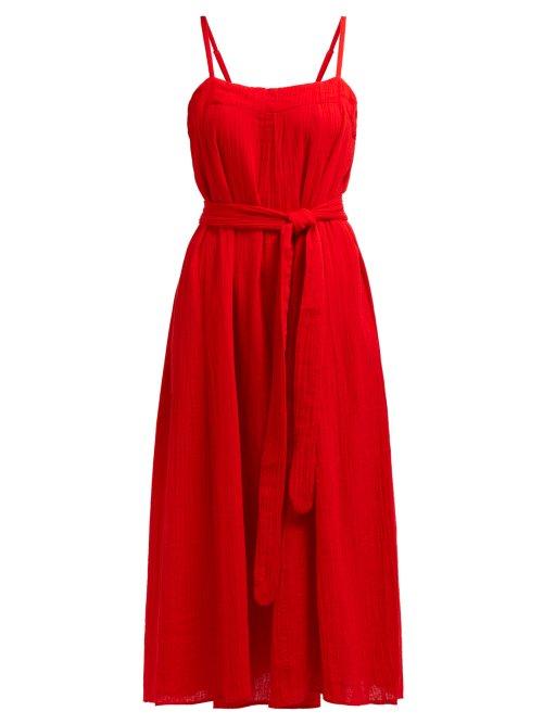 Matchesfashion.com Mara Hoffman - Philomena Gathered Cotton Gauze Midi Dress - Womens - Red