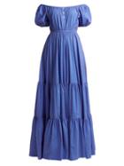 Matchesfashion.com Caroline Constas - Bardot Off The Shoulder Geometric Print Maxi Dress - Womens - Blue Multi
