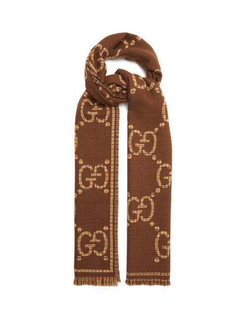 Gucci - Logo-jacquard Checked Wool Scarf - Mens - Brown Beige