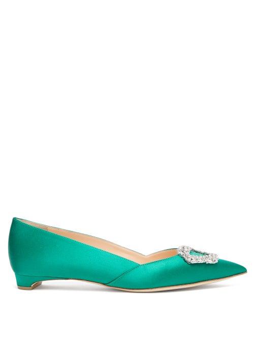 Matchesfashion.com Rupert Sanderson - Crystal-buckle Point-toe Satin Flats - Womens - Dark Green