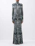 Norma Kamali - Turtle High-neck Embellished Fishtail-hem Gown - Womens - Dark Green Multi