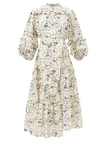 Matchesfashion.com Apiece Apart - Gracia Floral-print Ruffle-trimmed Silk Midi Dress - Womens - Cream Print