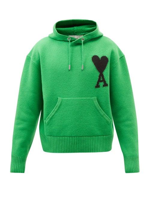 Ami - Ami De Coeur Logo-intarsia Wool Hooded Sweater - Mens - Green