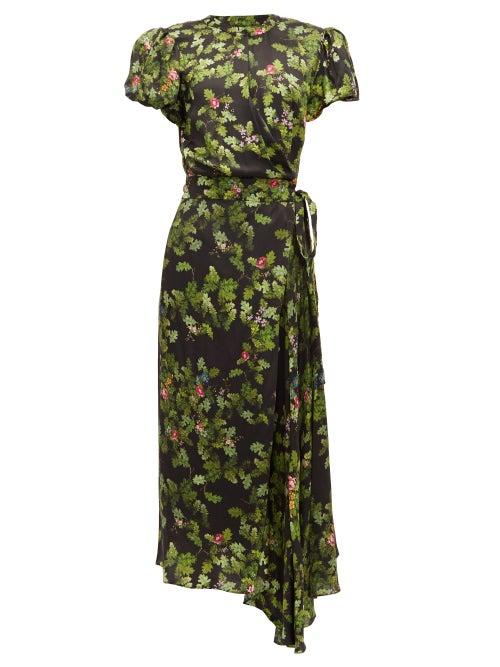 Matchesfashion.com Preen By Thornton Bregazzi - Anabelle Forest Print Satin Wrap Dress - Womens - Black Green