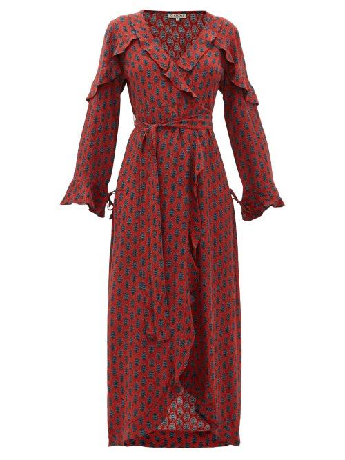 Matchesfashion.com D'ascoli - Mileta Ruffle Trimmed Printed Silk Wrap Dress - Womens - Red