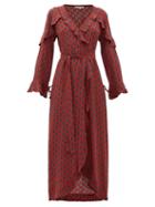 Matchesfashion.com D'ascoli - Mileta Ruffle Trimmed Printed Silk Wrap Dress - Womens - Red