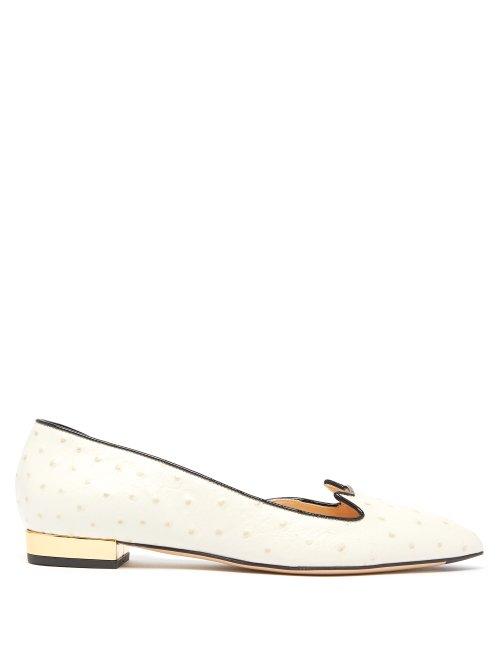 Matchesfashion.com Charlotte Olympia - Kitty Ostrich Leather Flats - Womens - White