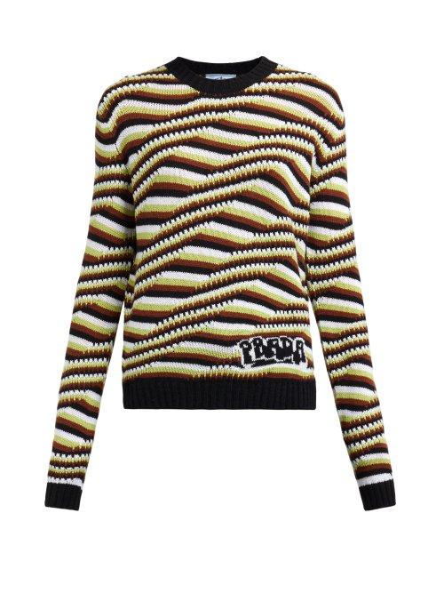 Matchesfashion.com Prada - Stripe And Wave Intarsia Cashmere Sweater - Womens - Orange Multi