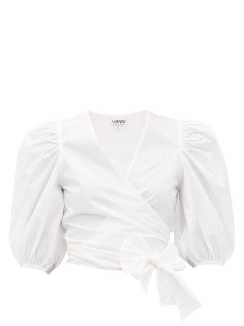 Matchesfashion.com Ganni - Blouson-sleeve Cotton-poplin Wrap Top - Womens - White