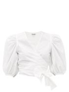 Matchesfashion.com Ganni - Blouson-sleeve Cotton-poplin Wrap Top - Womens - White