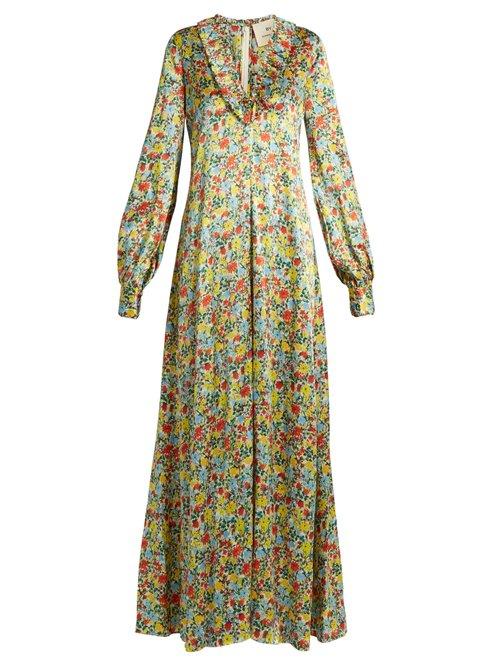 Matchesfashion.com By. Bonnie Young - Floral Print Ruffle Trimmed Silk Gown - Womens - Multi