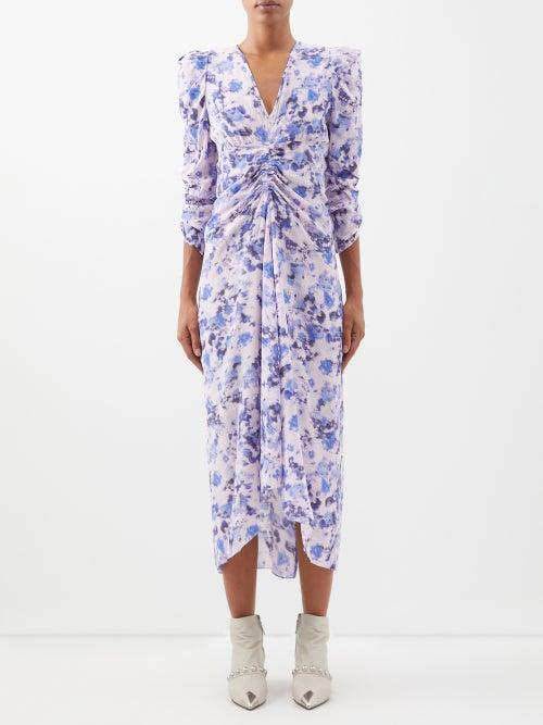 Isabel Marant - Albini Ruched Floral-print Silk Midi Dress - Womens - Blue