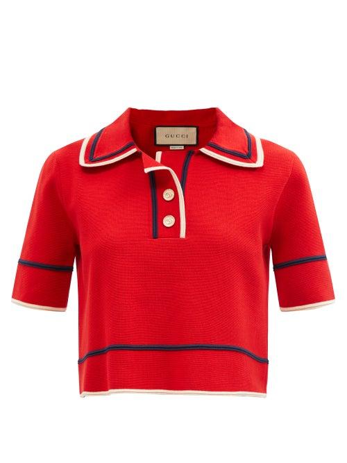 Ladies Rtw Gucci - Gg-button Short-sleeve Cotton-blend Sweater - Womens - Red