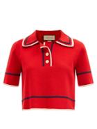 Ladies Rtw Gucci - Gg-button Short-sleeve Cotton-blend Sweater - Womens - Red