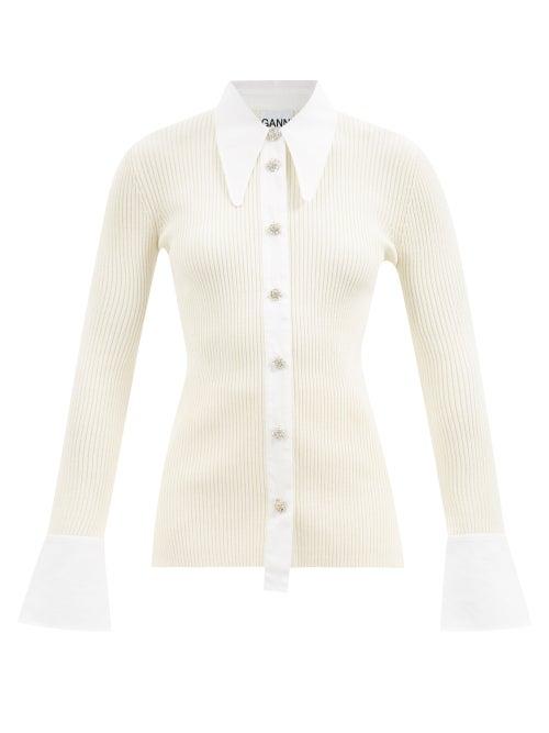 Ganni - Crystal-embellished Ribbed Cardigan - Womens - Cream