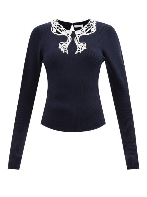 Chlo - Guipure Lace-insert Rib-knitted Sweater - Womens - Blue