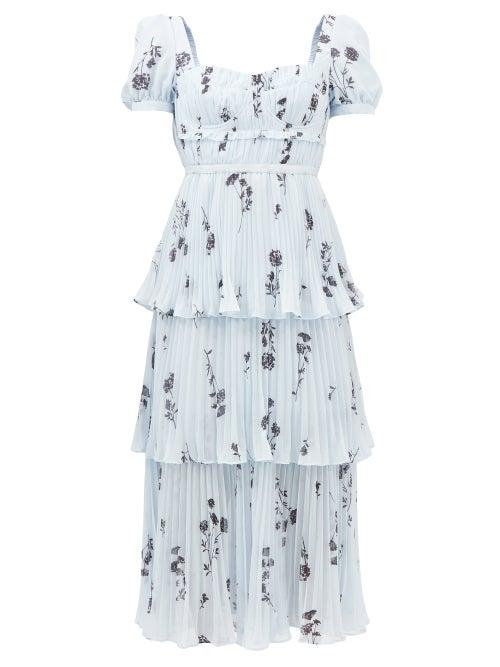 Self-portrait - Tiered Floral-print Pleated-chiffon Dress - Womens - Light Blue