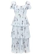 Self-portrait - Tiered Floral-print Pleated-chiffon Dress - Womens - Light Blue