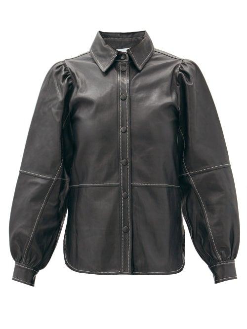 Matchesfashion.com Ganni - Contrast-stitch Puff-sleeve Leather Shirt - Womens - Black