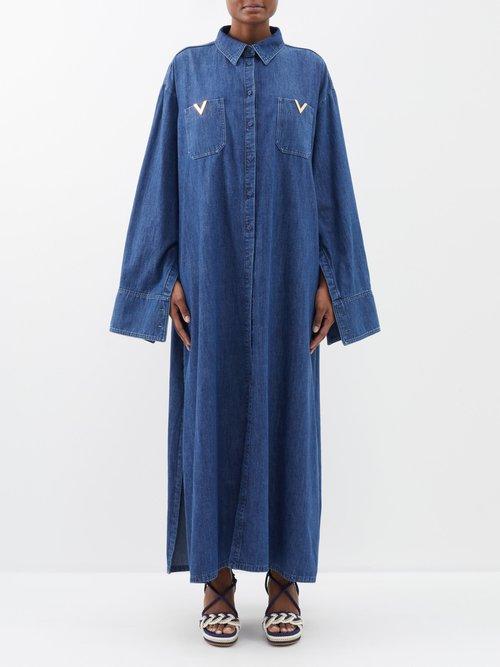Valentino - V-logo Chambray-denim Kaftan Dress - Womens - Dark Blue