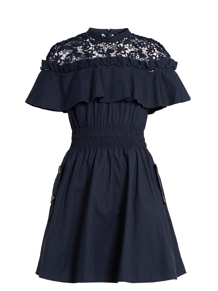 Self-portrait Hudson Ruffled-yoke Lace And Cotton Dress