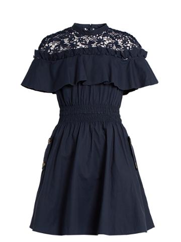 Self-portrait Hudson Ruffled-yoke Lace And Cotton Dress