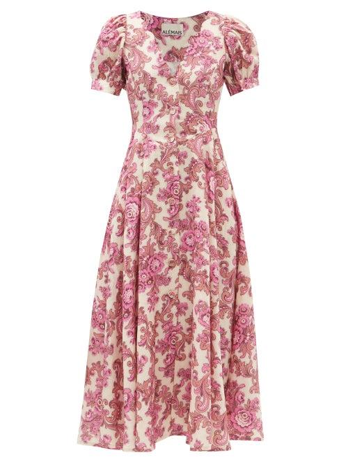 Ale Mais - Isla Scalloped-neck Floral-print Linen Dress - Womens - Pink Multi