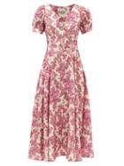 Ale Mais - Isla Scalloped-neck Floral-print Linen Dress - Womens - Pink Multi