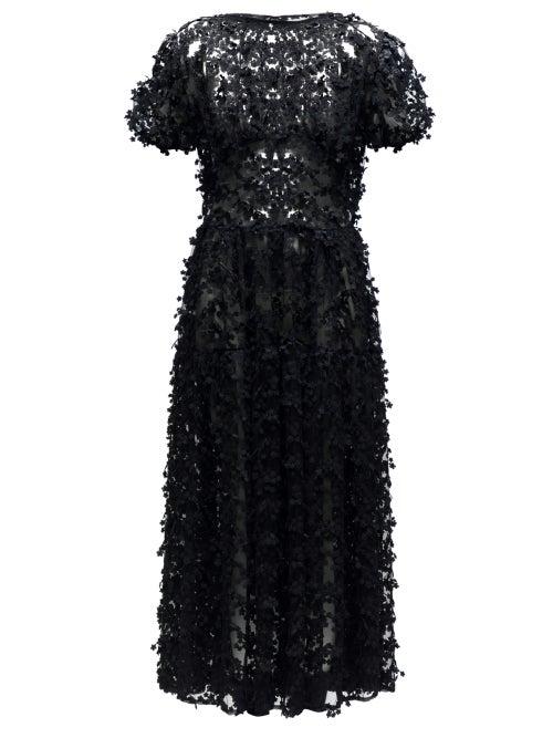 Matchesfashion.com Cecilie Bahnsen - Tia Floral Appliqu Organza Midi Dress - Womens - Black