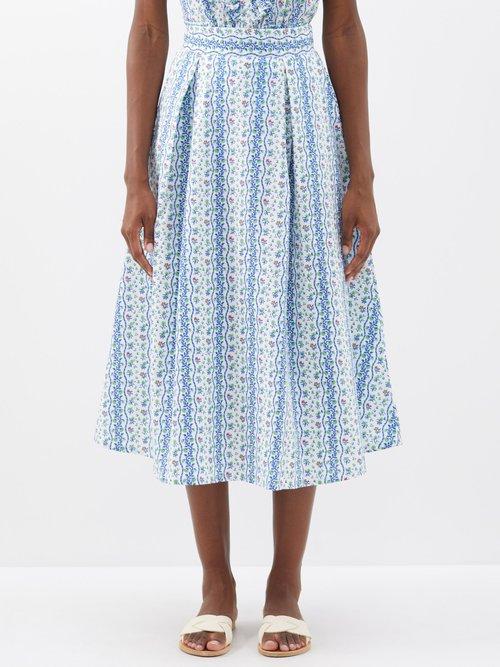 Thierry Colson - Wynona Floral-print Cotton Midi Skirt - Womens - Green Blue