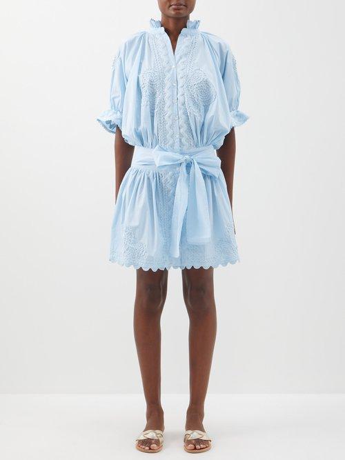 Juliet Dunn - Ricrac-trim Waist-tie Cotton Shirt Dress - Womens - Sky Blue