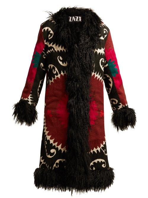 Matchesfashion.com Zazi Vintage - Suzani Embroidered Shearling Lined Coat - Womens - Black White