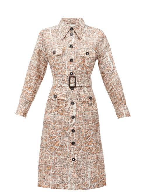 Matchesfashion.com La Prestic Ouiston - Lou Lou Carte De Paris-print Silk-twill Dress - Womens - White Multi