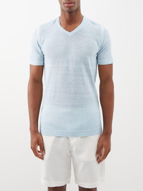 120 Lino 120% Lino - V-neck Linen T-shirt - Mens - Light Blue