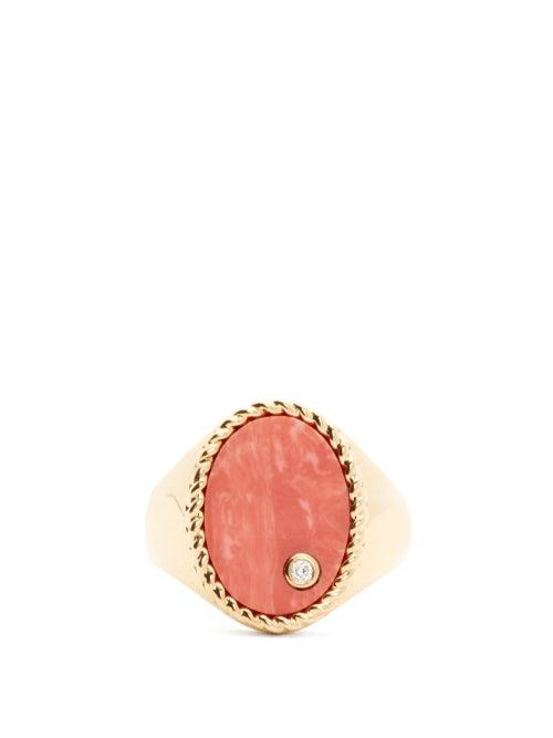 Matchesfashion.com Yvonne Lon - Diamond, Coral & Gold Signet Ring - Womens - Orange Multi