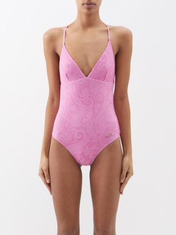 Etro - Paisley-print Logo-pin Swimsuit - Womens - Pink Print