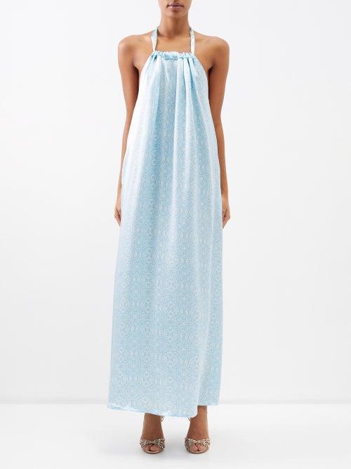 Lolita Jaca - Fleur Halterneck Printed Silk Maxi Dress - Womens - Turquoise