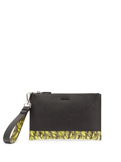Matchesfashion.com Prada - Banana Print Saffiano Leather Pouch - Mens - Black Yellow