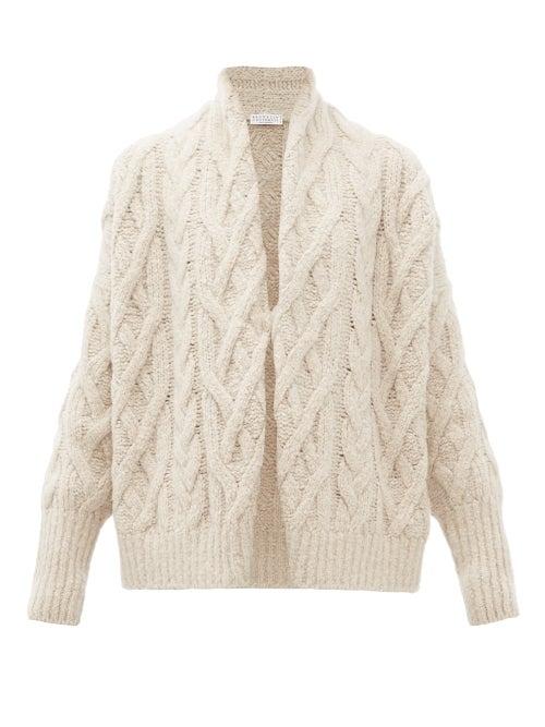 Matchesfashion.com Brunello Cucinelli - Shawl Lapel Cable Knit Cashmere Blend Cardigan - Womens - Beige